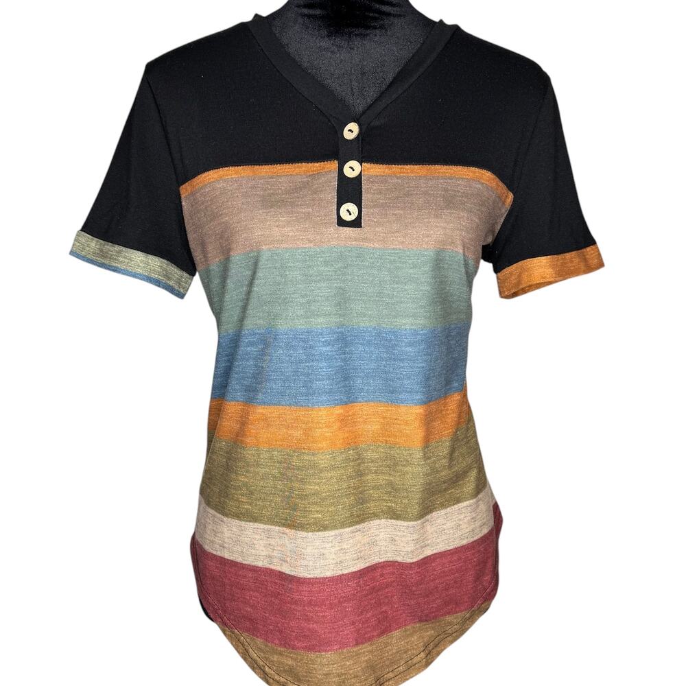SHEIN Black Short-Sleeved Top with Multi Colored Stripes Size 6 Medium